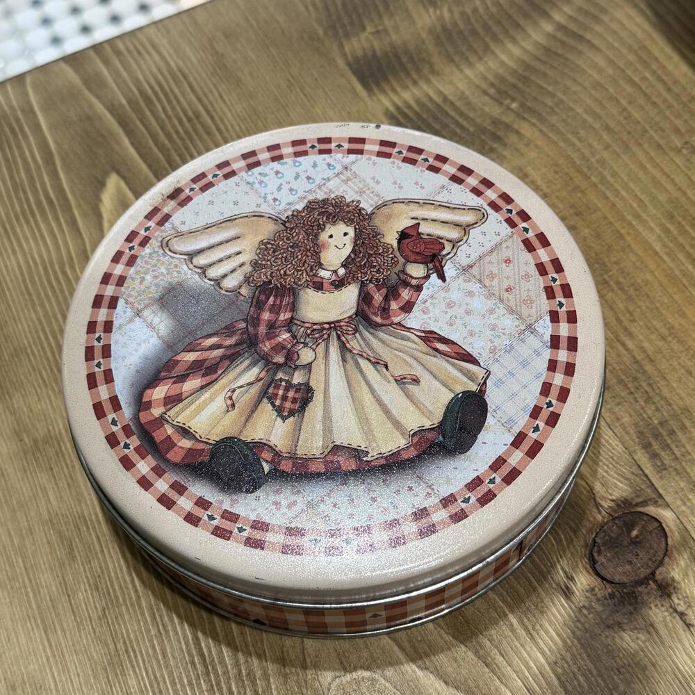 Vintage Angel Holiday Tin‎ Quilted Gingham cookie box food storage